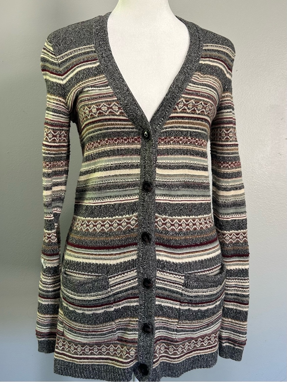 Eddie Bauer Gray Striped Button-Up Long Cardigan w pockets